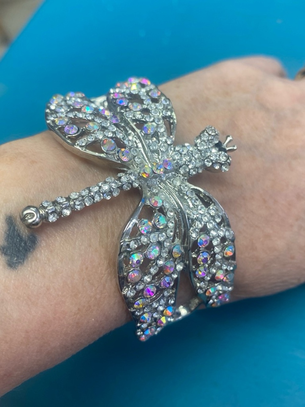 Silver tone  Crystal Dragonfly Bracelet - Sparkling Aurora Rhinestones